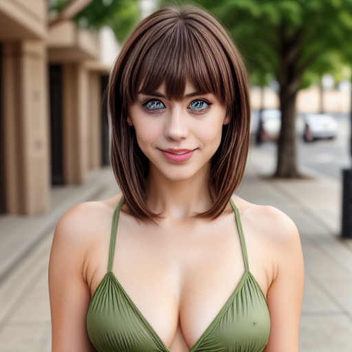 green eyes, parted lips, dress, brown hair, portrait, green bikini, simple background, motor vehicle, solo, bangs, looking at viewer, collarbone, grin, mole on breast, swimsuit, depth of field, blue eyes, blurry, medium breasts