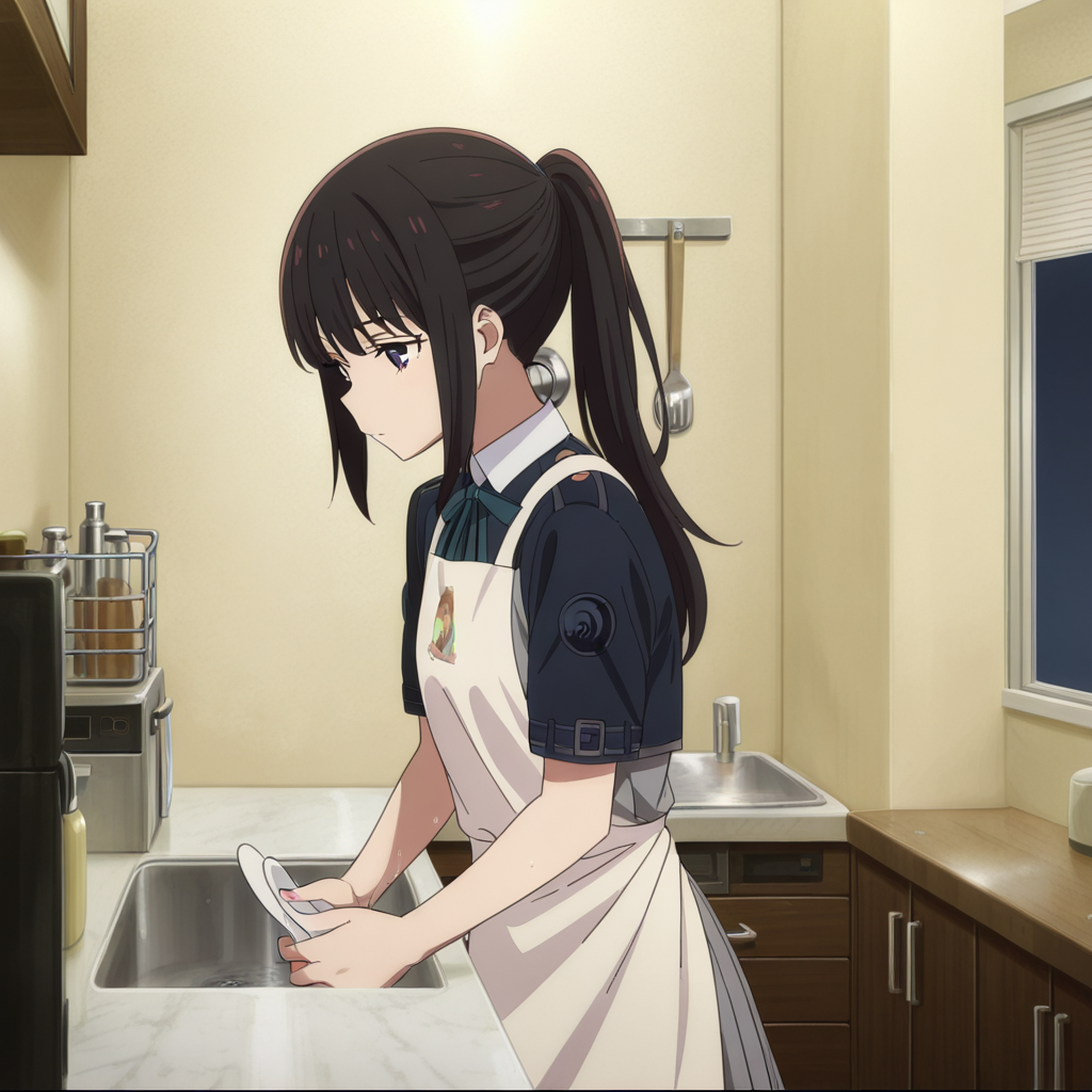 nsfw, masterpiece,best quality,amazing quality,1girl, solo, lycoris_recoil_takina_lnoue, black hair, kitchen, apron, ponytail, lycoris uniform, purple eyes, long hair, dress, ribbon, bangs, indoors, two-tone dress, green ribbon, grey dress, holding, sink, blue dress, neck ribbon, <lora:Takina_Inoue_-_Lycoris_Recoil:0.7>