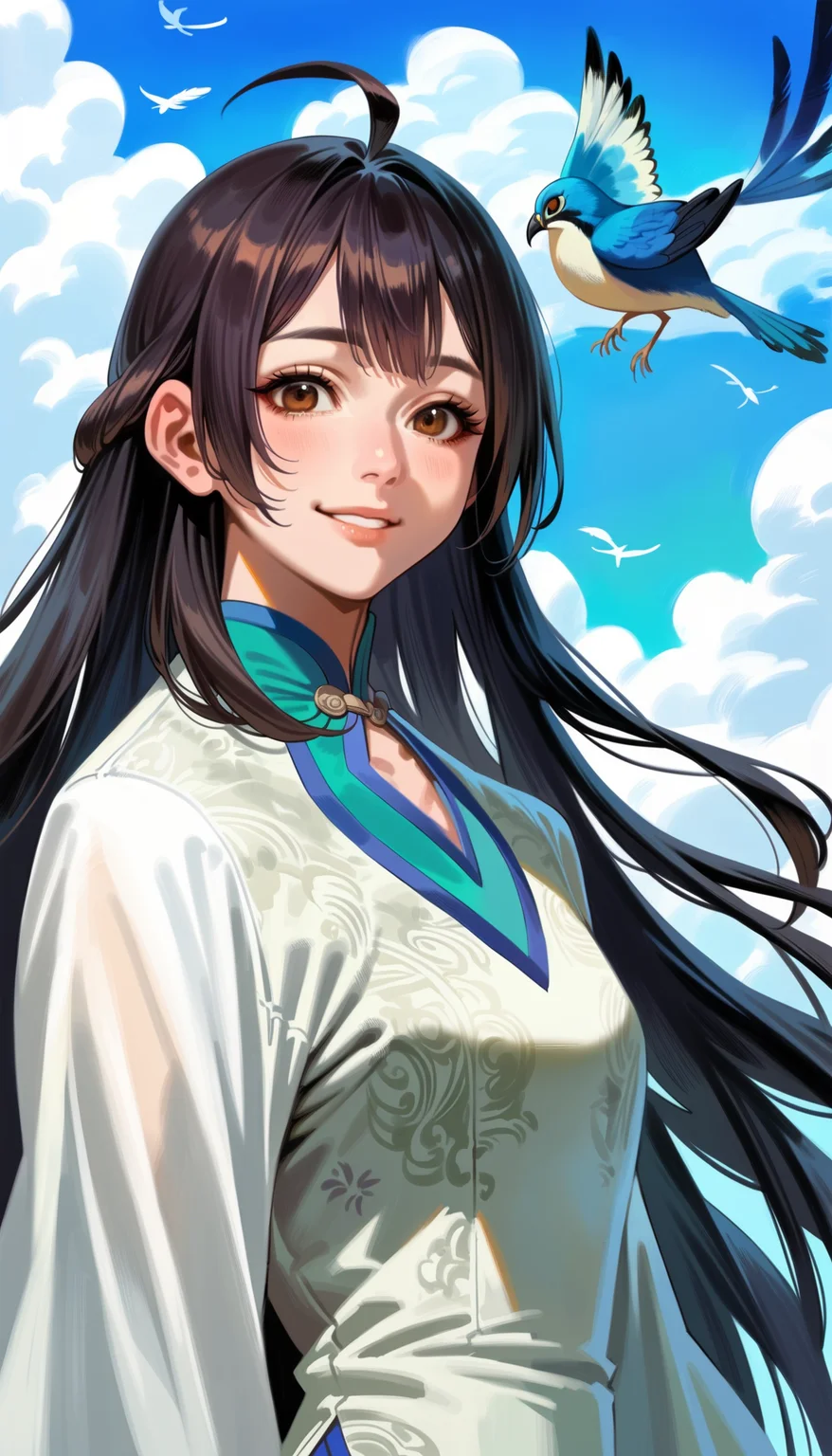 score_9,score_8_up,score_7_up,<lora:xinxianying>,xinxianying,1girl,solo,long black hair,bangs,ahoge,brown eyes,looking at viewer,smile,informal costume,upper body,outdoors,blue sky,cloud,drifting feathers,