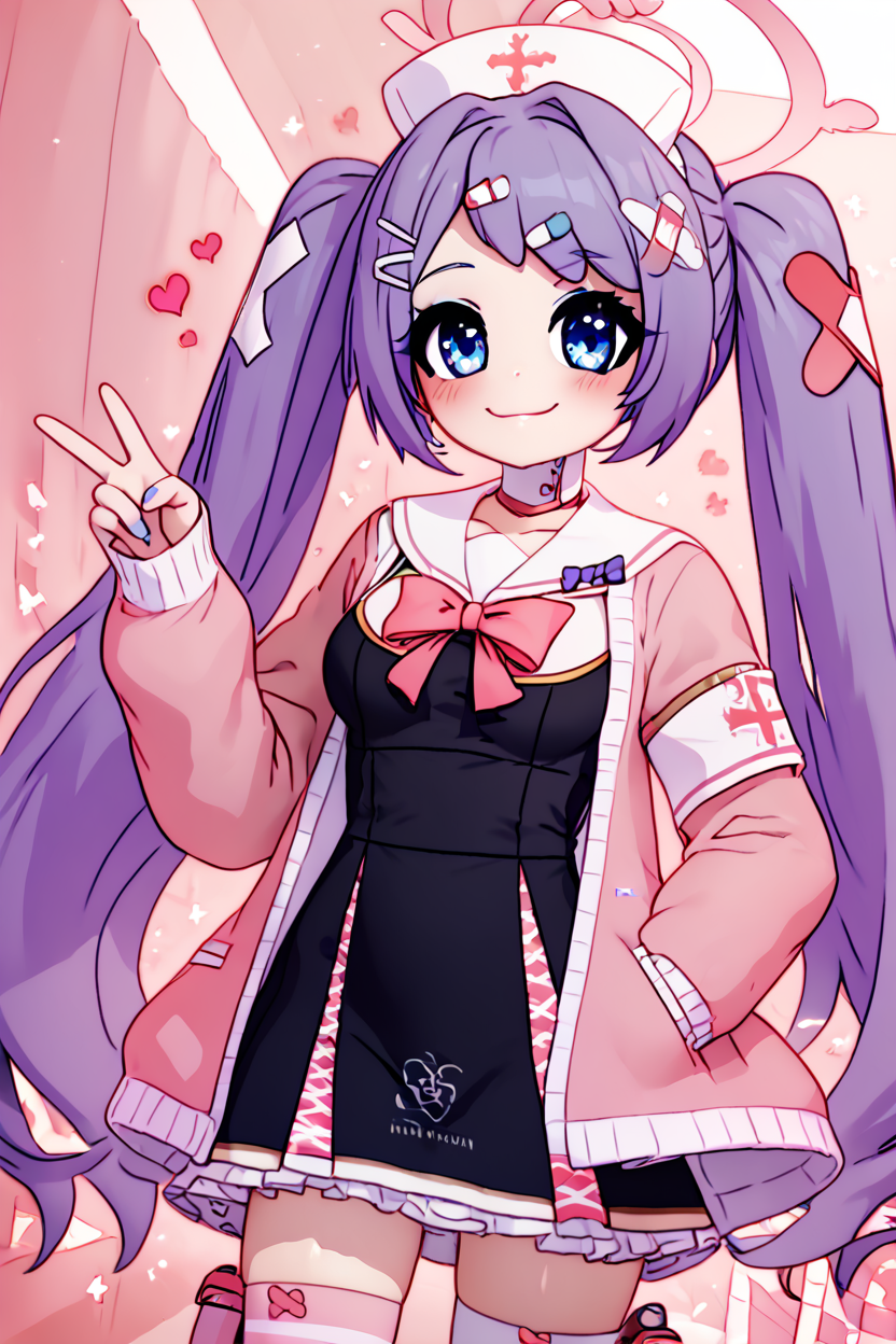 score_9, score_8_up, score_8, medium breasts, (curvy), cute, eyelashes,       BREAK, , ,,, zzHanae, blue eyes, purple hair, long hair, twintails, halo, hair ornament, hat pink jacket, white sailor collar, mismatched legwear, striped thighhighs, nurse outfit, black dress, <lora:Hanae_BlueArchive_PDXL:1.0>,   ,,,, BREAK, smile, closed mouth, looking at viewer, cowboy shot,  ,,, embedding:zPDXL, Expressiveh, ,,, <lora:MantisStyle_PDXL_v2:0.7>, <lora:SDXLFaeTastic2400:0.5>, <lora:Expressive_H-000001:0.4>,