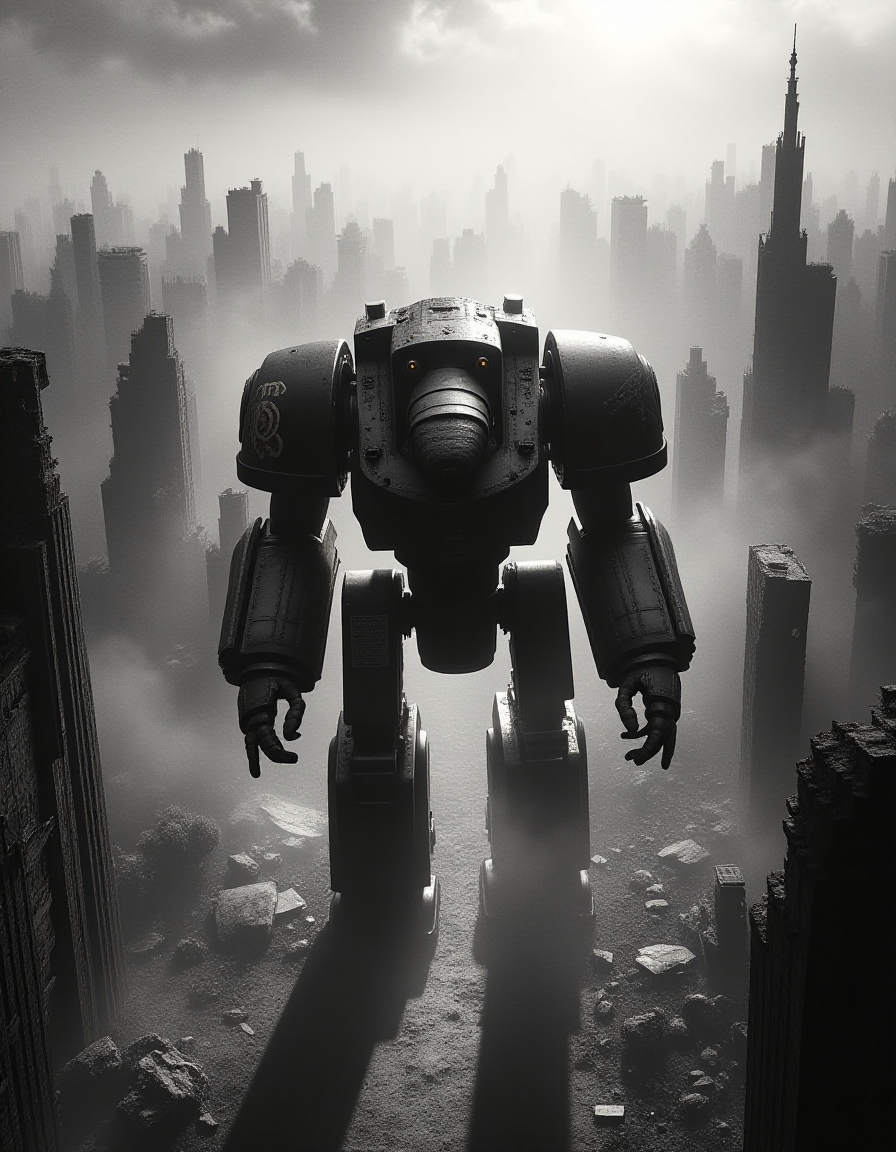 Shot from a bird's-eye view, a four-meter tall colossal onyx drdnght machine, marked with the iconography of the Iron Hands Chapter, marches stoically through the ruins of a shattered cityscape, the scene captured on black and white film, imbuing the image with a somber elegance befitting the sons of Ferrus Manus  <lora:ral-ertmsphr_flux:1> ral-ertmsphr