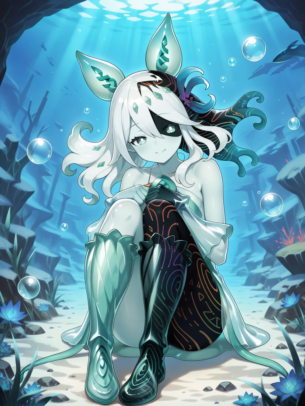 monster girl,icejade acti,1girl,solo,looking at viewer,full body,closed mouth,hair flower,bright pupils,see-through body,see-through gloves,see-through dress,bubble pipe necklace,see-through knee boots,heterochromia,floating,closed eyes,smile,knee to chest,underwater,
masterpiece,best quality,amazing quality,very aesthetic,absurdres,newest,<lora:Icejade Acti illuXL v1.2:0.83>,