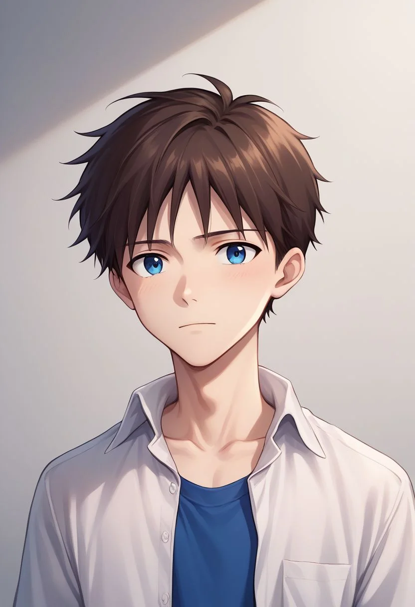 score_9, score_8_up, source_anime, highly detailed, 1boy, solo, male_focus, skinny,
shinji, 1boy, male focus, solo, blue eyes, brown hair, shirt, white shirt, collared shirt, open shirt, blue t-shirt, black pants,
indoor, upper body,