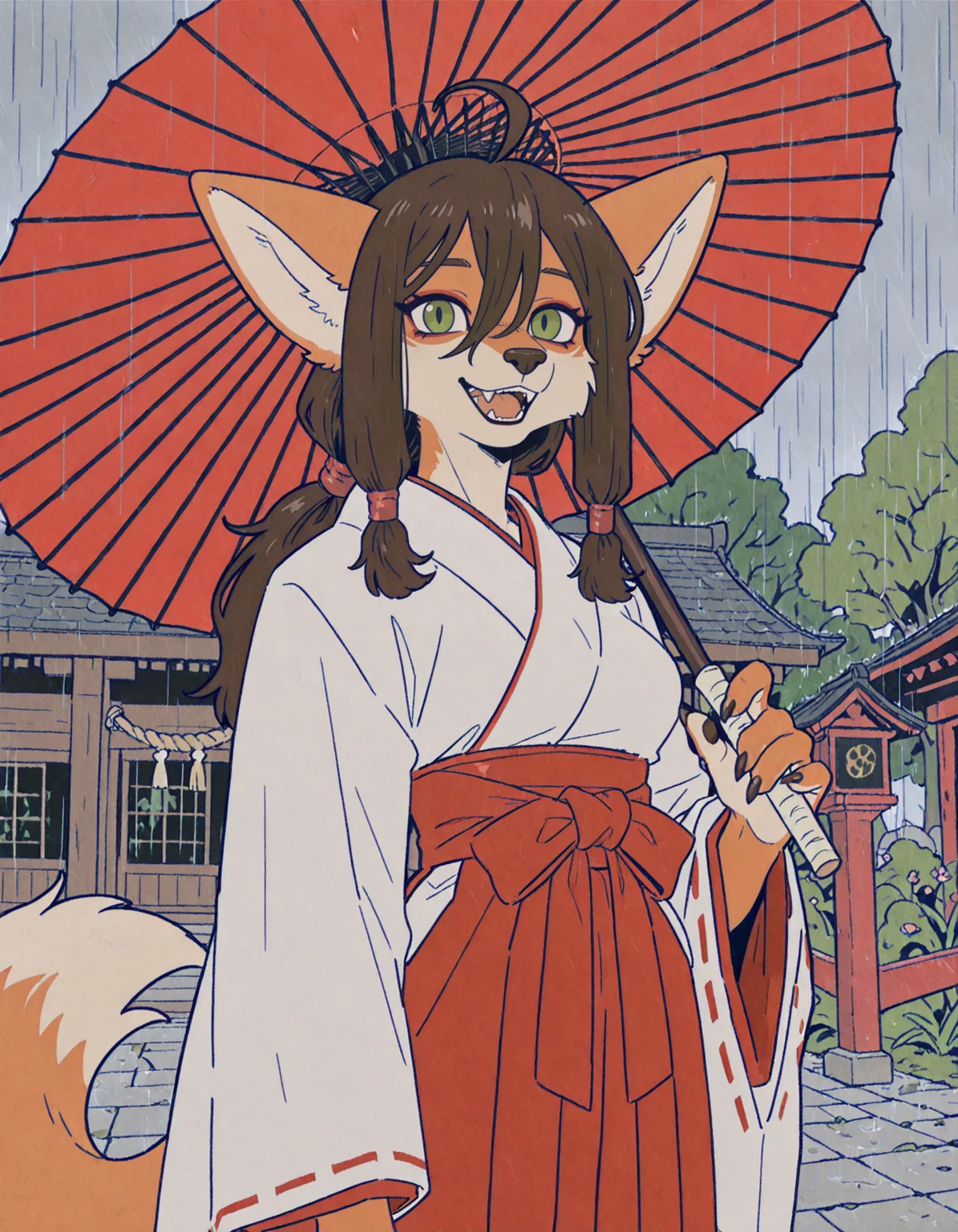 masterpiece, best quality, very awa, absurdres, very aesthetic,newest, by Zerofox1000, by mononoke,
furry female, anthro fox, tail, green eyes, ahoge, low ponytail, low-tied sidelocks, dark brown hair, hair between eyes,  makeup, claws, 5 fingers, looking at viewer, (petite:0.7), cute, smile, fangs, narrow waist, open mouth, tight clothes, 
miko, oil-paper umbrella,
spring \(season\), outdoors, shrine, (rain:1.3), thick outline, black outline, digital media \(artwork\),  
<lora:zerofox1000 style (Illustrious):.7>, <lora:illustriousXLv01_stabilizer_v1.185c:-.2>,<lora:Mononoke_Anime_Style_Lora_Illustrious:.6>