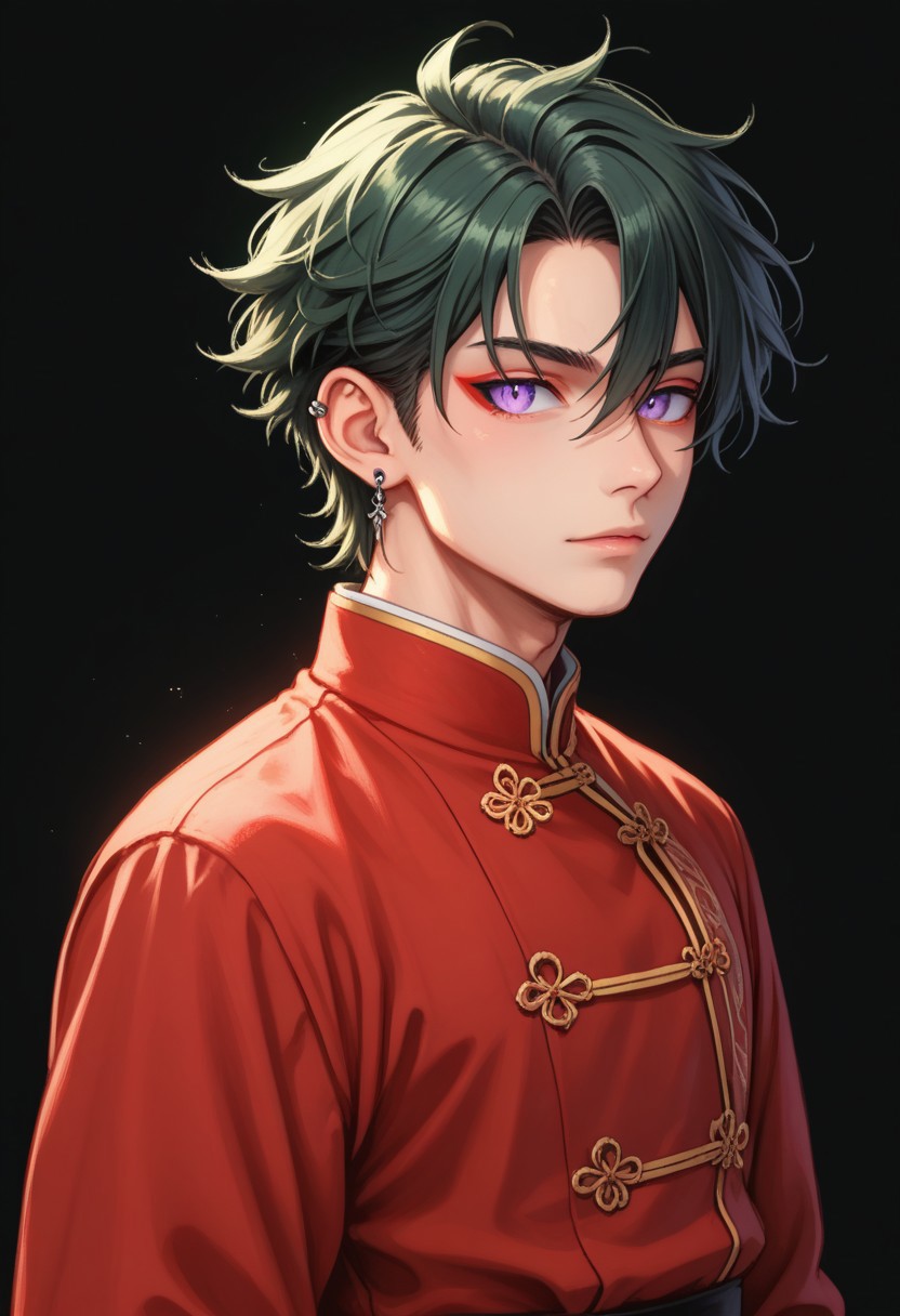score_9, score_8_up, score_7_up, rating safe, 8k portrait, 1 boy,solo, full body, cowboy_shot, male focus, AntherimA, purple eyes, slit pupils, dark green hair, hair between eyes, asymmetrical hair parting, light_red_eyeshadow, ((1_earstud_left_side)), 20 years old, stoic pose, chinese_royal, chinese_clothing, red clothing, black waistband, long flowing fabrics,layered clothing , black nail varnish, highly detailed, professional photography, masterpiece, (finely detailed beautiful eyes: 1.2), hdr, black_background