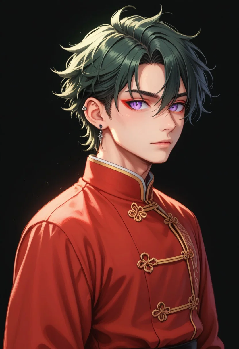 score_9, score_8_up, score_7_up, rating safe, 8k portrait, 1 boy,solo, full body, cowboy_shot, male focus, AntherimA, purple eyes, slit pupils, dark green hair, hair between eyes, asymmetrical hair parting, light_red_eyeshadow, ((1_earstud_left_side)), 20 years old, stoic pose, chinese_royal, chinese_clothing, red clothing, black waistband, long flowing fabrics,layered clothing , black nail varnish, highly detailed, professional photography, masterpiece, (finely detailed beautiful eyes: 1.2), hdr, black_background