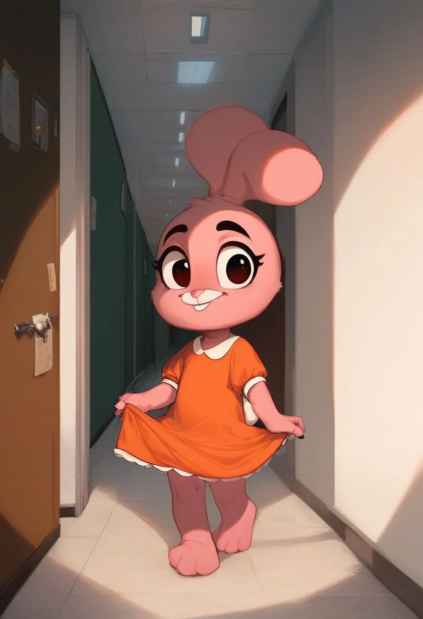 score_9, score_8_up, score_7_up, score_6_up, BREAK rating_safe, , anais_watterson, female, furry, anthro, 1girl, furry female, solo, clothing, dress, school hallway, orange dress, clothed, stuffed animal, full body, lift dress, standing, holding, buck teeth, Expressiveh, extremely_bright, cute, cub
