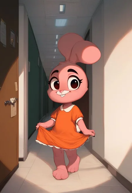 score_9, score_8_up, score_7_up, score_6_up,  BREAK rating_safe, , anais_watterson, female, furry, anthro, 1girl, furry female, solo, clothing, dress, school hallway, orange dress, clothed, stuffed animal, full body, lift dress, standing, holding, buck teeth, Expressiveh, extremely_bright, cute, cub