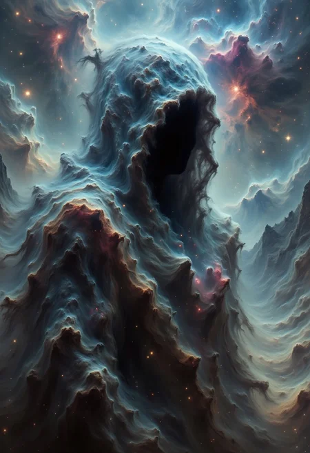 Ultra-realistic, close-up of a cloaked figure standing in a desolate, arid landscape under a stormy sky. The figure’s face is a void, but within the darkness, a swirling, chaotic nebula of electric blue and sinister crimson clouds twist together, resembling a cosmic storm. The edges of the nebula emit faint, ghostly tendrils, almost as if reaching outwards, giving an impression of something alive and malevolent within. The cloak, tattered and weathered, clings to the figure with a disturbing stillness, showing flecks of dirt and signs of decay. The overall atmosphere is ominous and oppressive, with dark, muted tones dominating the landscape. Dusty winds whip across the barren ground, and in the distance, jagged mountains loom under thick, heavy clouds. The figure’s presence feels otherworldly and foreboding, as if it’s an entity bound to a dark, ancient purpose, evoking a sense of unease and dread.
