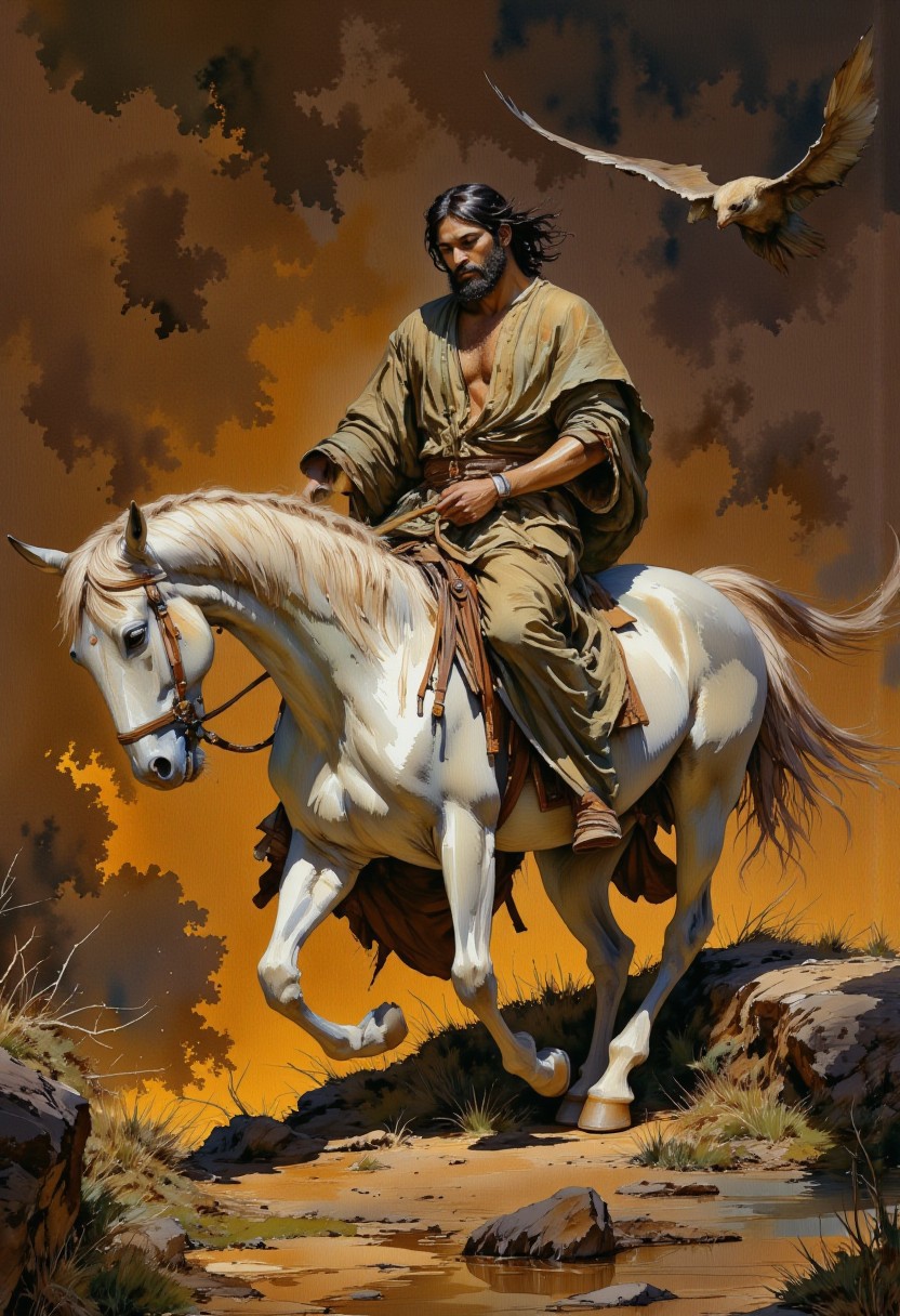 score_9, score_8_up, score_7_up, 8k high quality digital painting, masterpiece, very detailed, ultra realistic, (best quality) very detailed epic masterpiece, boris vallejo style, frank frazetta style, realistic oil painting, retro artstyle, full body, unearthly beautiful, a breathtakingly beautiful landscape, a beautiful sexy princess rides on a white unicorn, a flying dragon-monster follows her, sexy clothing, the setting sun casts long shadows, backlight, sunrise, enchanting landscape, fairytale-like, realistic detailed oil painting style Rembrandt style, Vermeer style, Dungeons and dragons atmosphere, heroic fantasy, realistic, realism, full body