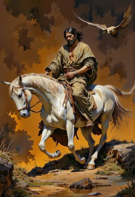 score_9, score_8_up, score_7_up, 8k high quality digital painting, masterpiece, very detailed, ultra realistic, (best quality) very detailed epic masterpiece, boris vallejo style, frank frazetta style, realistic oil painting, retro artstyle, full body, unearthly beautiful, a breathtakingly beautiful landscape, a beautiful sexy princess rides on a white unicorn, a flying dragon-monster follows her, sexy clothing, the setting sun casts long shadows, backlight, sunrise, enchanting landscape, fairytale-like, realistic detailed oil painting style Rembrandt style, Vermeer style, Dungeons and dragons atmosphere, heroic fantasy, realistic, realism, full body
