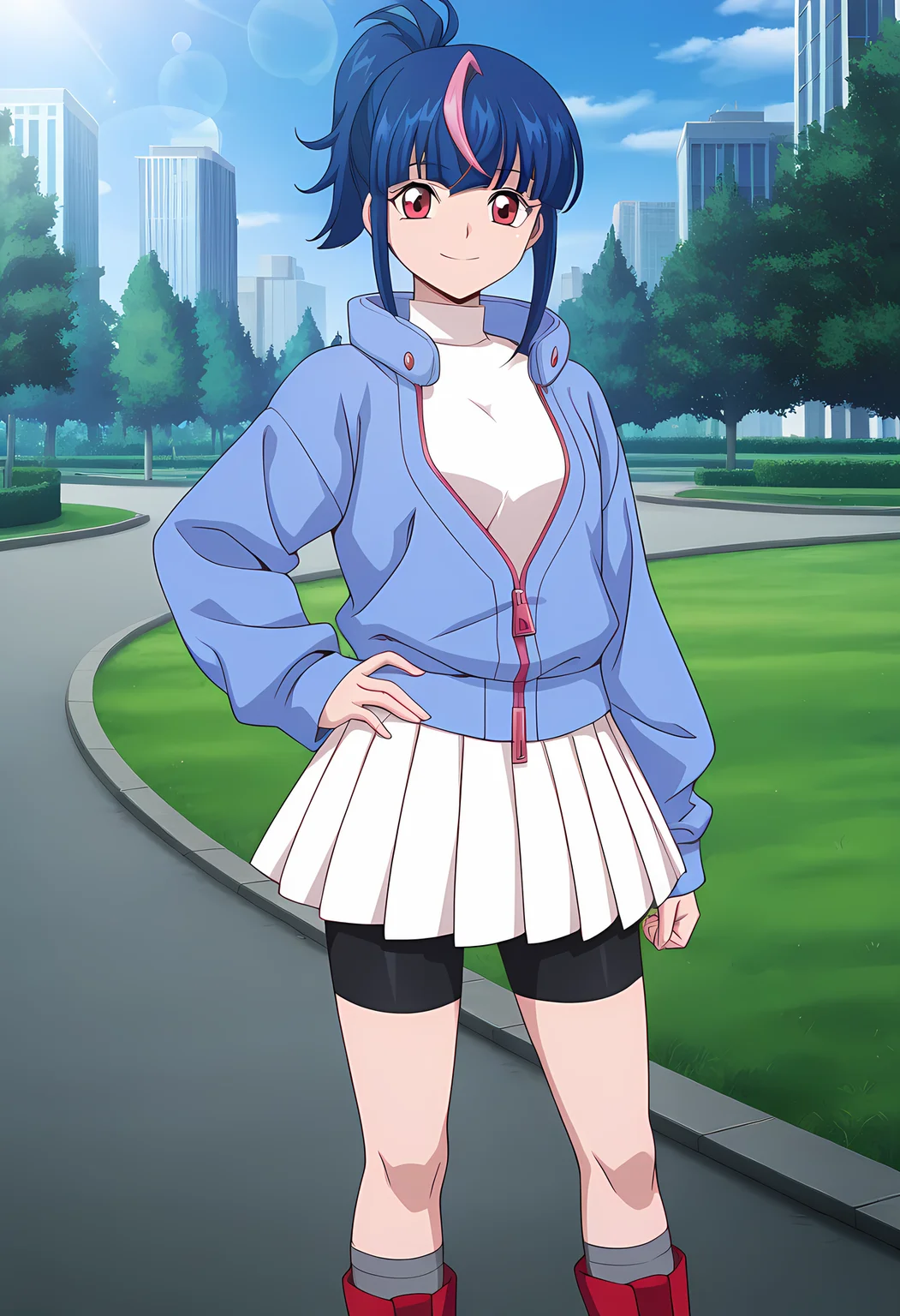 masterpiece,best quality,amazing quality,
1girl, solo,
Hikari Myodo (Cardfight Vanguard), ponytail, multicolored hair, blue hair, streaked hair, pink hair, red eyes,
white shirt, blue jacket, zipper pull tab, turtleneck, long sleeves, bike shorts under skirt, white skirt, black shorts, pleated skirt, grey socks, red footwear, boots,
Smile, looking at viewer,
cinematic, hand on hips, upper body,
Outdoors, park, green grass, sci-fi city, blue (sky),
Lens flare, bloom,
Official style, anime screencap, anime coloring,