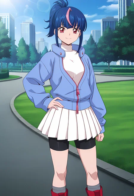masterpiece,best quality,amazing quality,
1girl, solo,
Hikari Myodo (Cardfight Vanguard), ponytail, multicolored hair, blue hair, streaked hair, pink hair, red eyes,
white shirt, blue jacket, zipper pull tab, turtleneck, long sleeves, bike shorts under skirt, white skirt, black shorts, pleated skirt, grey socks, red footwear, boots,
Smile, looking at viewer,
cinematic, hand on hips, upper body,
Outdoors, park, green grass, sci-fi city, blue (sky),
Lens flare, bloom,
Official style, anime screencap, anime coloring,
