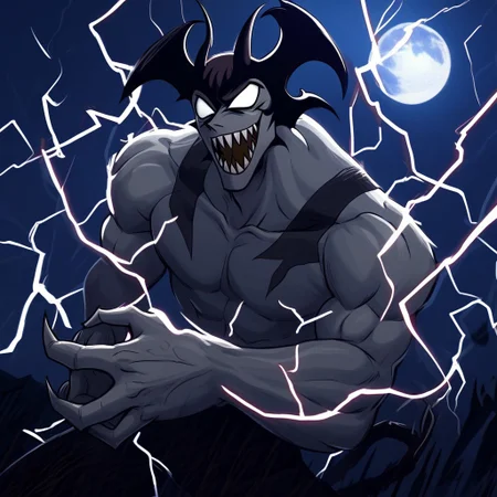 smile, lightning, demon boy, muscular male, open mouth, male focus, no pupils, moon, Demon, Devilman, no pupils, gray skin, sharp teeth, raichiyo33