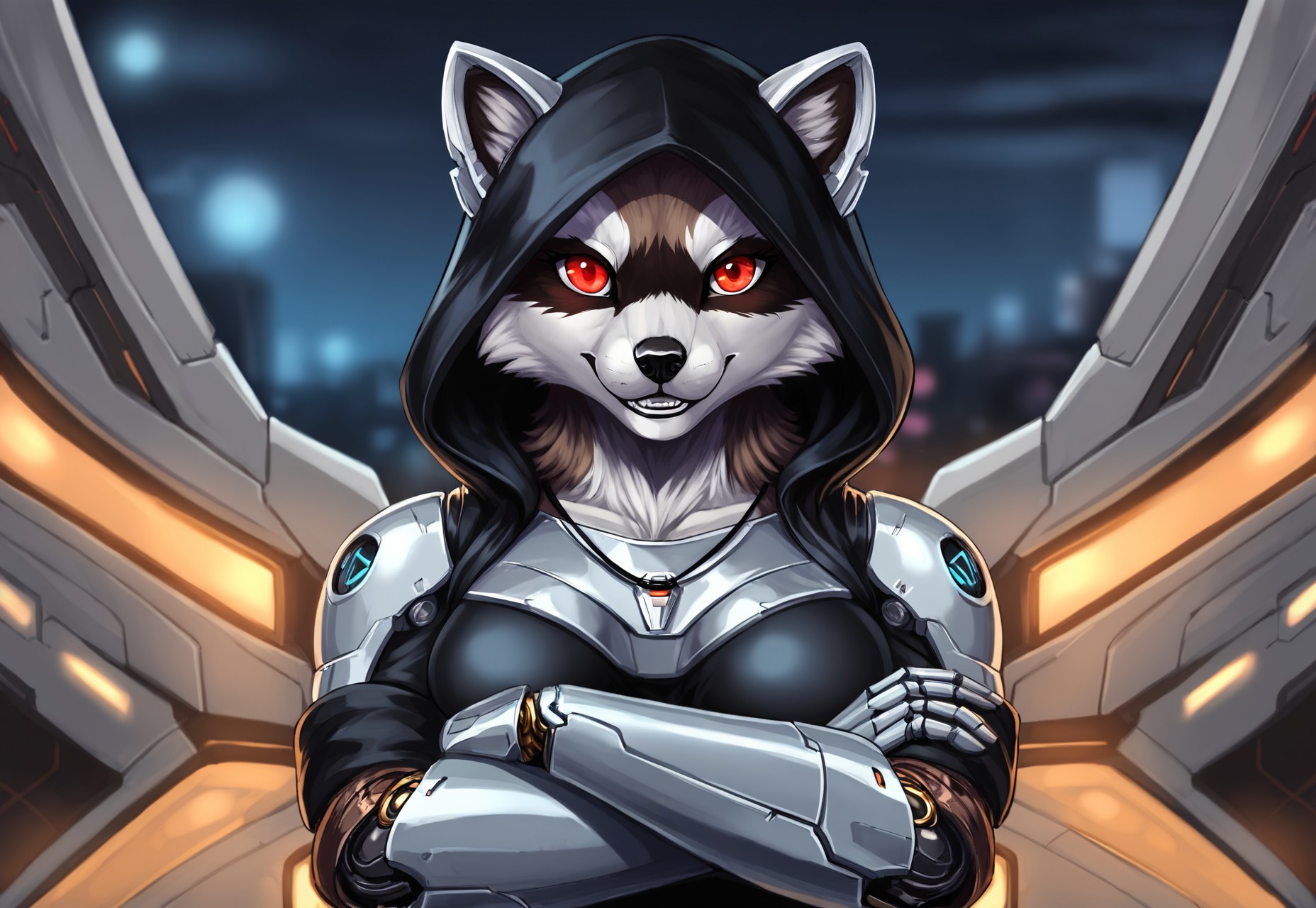 solo,anthro,furry female,(black hood:1.2),(crossed arms:1.2),red eyes,glowing,necklace,(looking at viewer:1.2),hood up,blurry,blue eyes,animal ears,(by null-ghost, raccoon,masterpiece,high quality),smile,portrait,front view,close-up,center,night, iomechanical, mecha,realistic,(metal surface),cyborg,