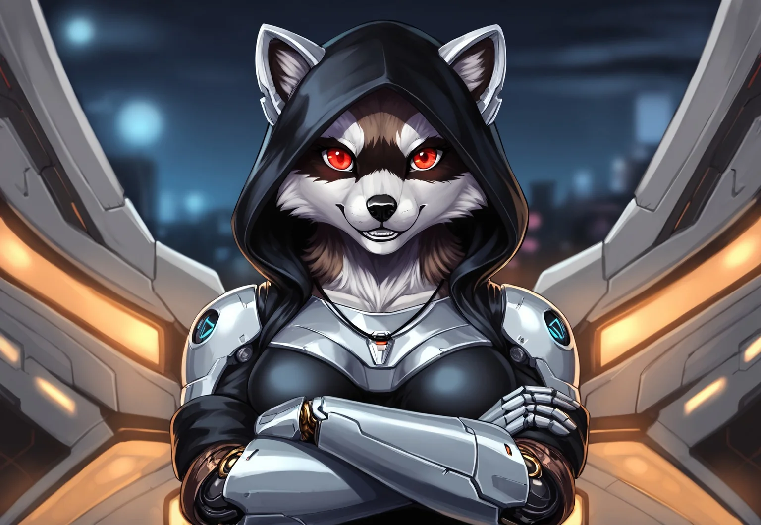 solo,anthro,furry female,(black hood:1.2),(crossed arms:1.2),red eyes,glowing,necklace,(looking at viewer:1.2),hood up,blurry,blue eyes,animal ears,(by null-ghost, raccoon,masterpiece,high quality),smile,portrait,front view,close-up,center,night, iomechanical, mecha,realistic,(metal surface),cyborg,