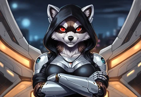 solo,anthro,furry female,(black hood:1.2),(crossed arms:1.2),red eyes,glowing,necklace,(looking at viewer:1.2),hood up,blurry,blue eyes,animal ears,(by null-ghost, raccoon,masterpiece,high quality),smile,portrait,front view,close-up,center,night, iomechanical, mecha,realistic,(metal surface),cyborg,