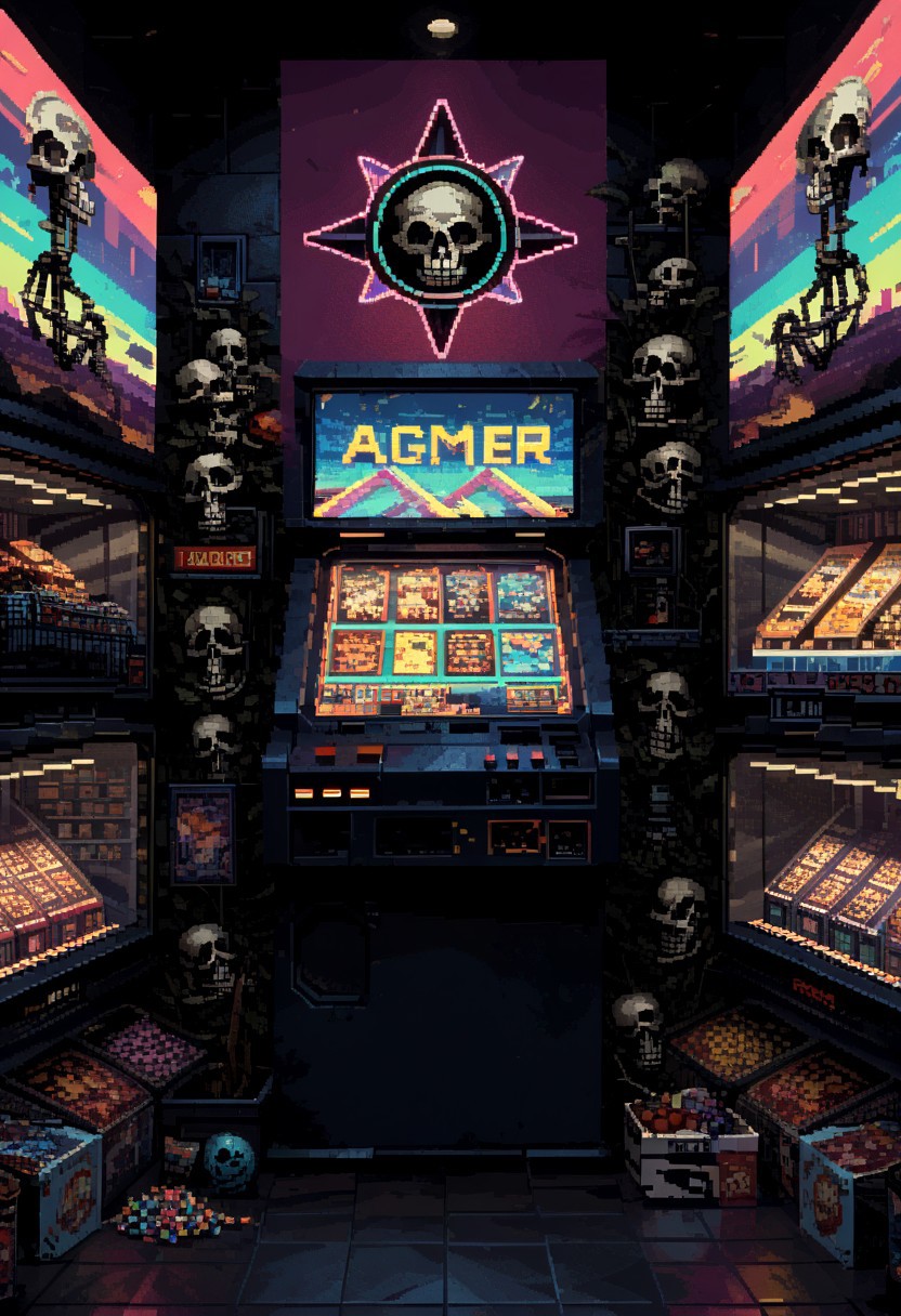 score_9, score_8_up, score_7_up, yamer_pixel_fusion, pixel art, skeleton in a cowboy hat, storefront, mall, 1989s, retrowave, hyper-detailed, neon, arcade, lofi, d3p1x3l, pixel art