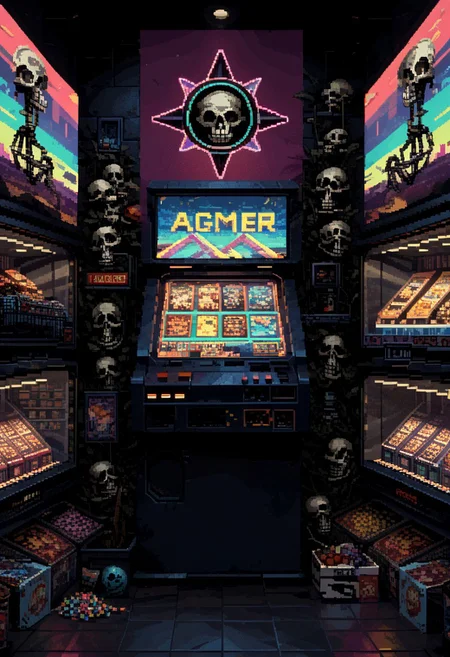 score_9, score_8_up, score_7_up, yamer_pixel_fusion, pixel art, skeleton in a cowboy hat, storefront, mall, 1989s, retrowave, hyper-detailed, neon, arcade, lofi, d3p1x3l, pixel art