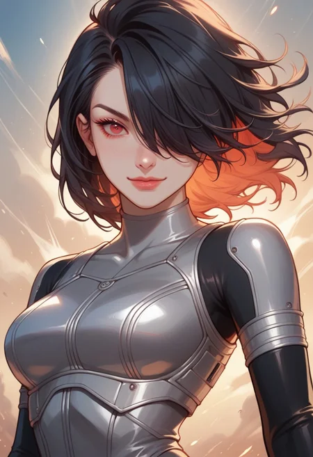 score_9, score_8_up, score_7_up,
source_cartoon, 2d,
<lora:DetailedEyes_last:1>, red eyes, dominant smile, action, dynamic,
high quality, dynamic, solo, black hair, straight hair, hair over one eye, bodysuit, neon trim, arm gloves, latex bodysuit, TRON suit, silver body suit, medium breasts, (close up:1.4), covered breast, chestplate armour, tactical vest,