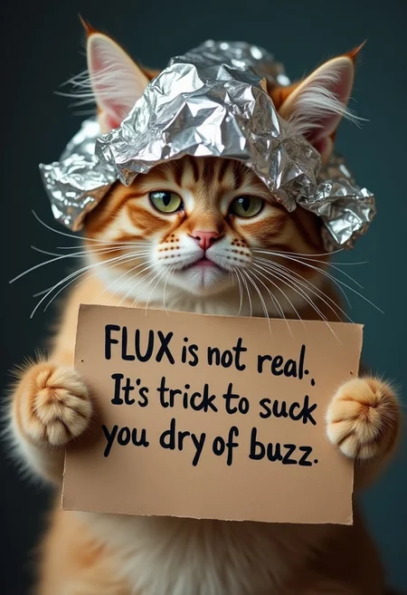 A close-up photo of a crying cat wearing tinfoil hat , holding cardboard with text 'FLUX is not real, It's trick to suck you dry of buzz'