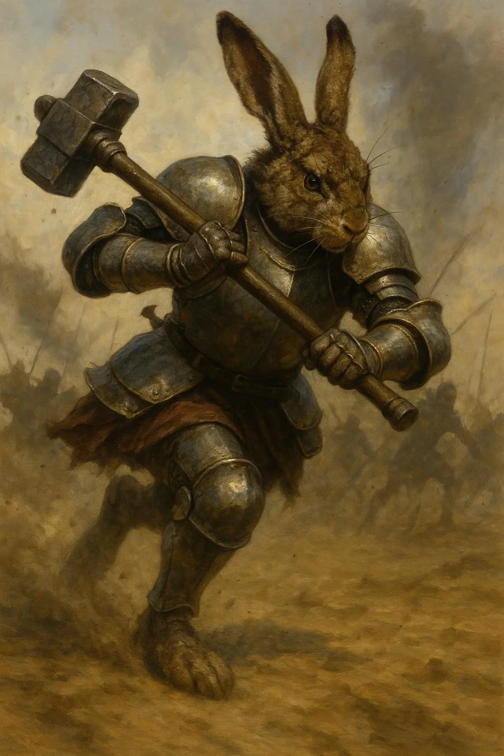 A humanoid rabbit warrior charges across a battlefield, its armor gleaming in the midday sun. The rabbit's fur is matted with dirt and sweat, but its eyes burn with unyielding resolve. Wielding a massive warhammer with both hands, the rabbit's powerful legs propel it forward with incredible speed and agility. The battlefield is a chaotic mix of dust and noise, but the rabbit remains focused, a beacon of strength and courage amidst the fray, 
