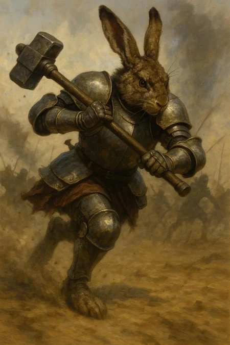 A humanoid rabbit warrior charges across a battlefield, its armor gleaming in the midday sun. The rabbit's fur is matted with dirt and sweat, but its eyes burn with unyielding resolve. Wielding a massive warhammer with both hands, the rabbit's powerful legs propel it forward with incredible speed and agility. The battlefield is a chaotic mix of dust and noise, but the rabbit remains focused, a beacon of strength and courage amidst the fray,