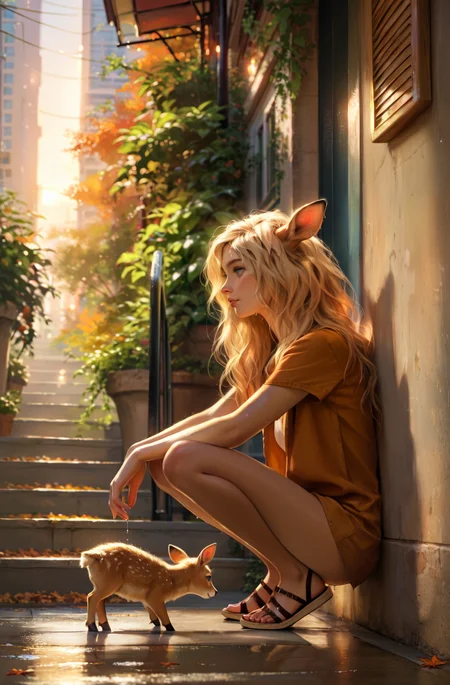 score_9, score_8_up, score_7_up, score_6_up, realistic, source_anime, uncensored, rating_explicit, casual,
anthro, deer girl,  long, flowing golden blonde hair, softly curled at the ends, bright blue eyes with a warm and inviting sparkle, smooth fair skin with a natural, squatting, autumn, city, side view, wet pavement, (leaning at wall)
highly detailed, intricate details in hair, masterpiece, best quality, perfect lighting
<lora:S1_Dramatic_Lighting_v2:0.3> s1_dram  <lora:kurtzXLP:0.8> kurtz