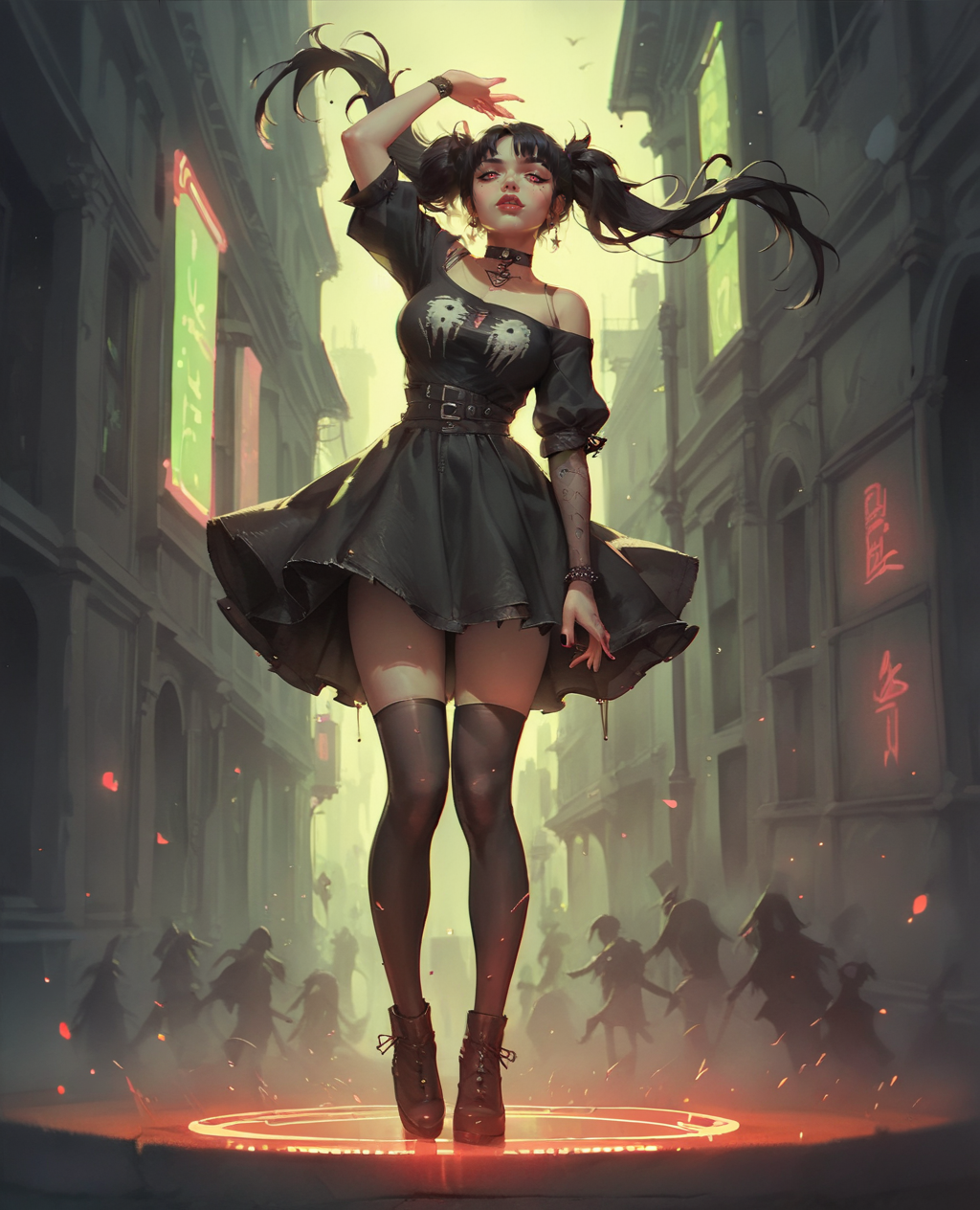 score_9. score_8_up, score_7_up, score_6_up, score_5_up, score_4_up, 1girl, long hair, black hair, large breast, curvy, gothic, choker, g0th1cPXL, glowing, full body, city, neon, twintails, dancing, <lora:g0th1cPXL:0.75>