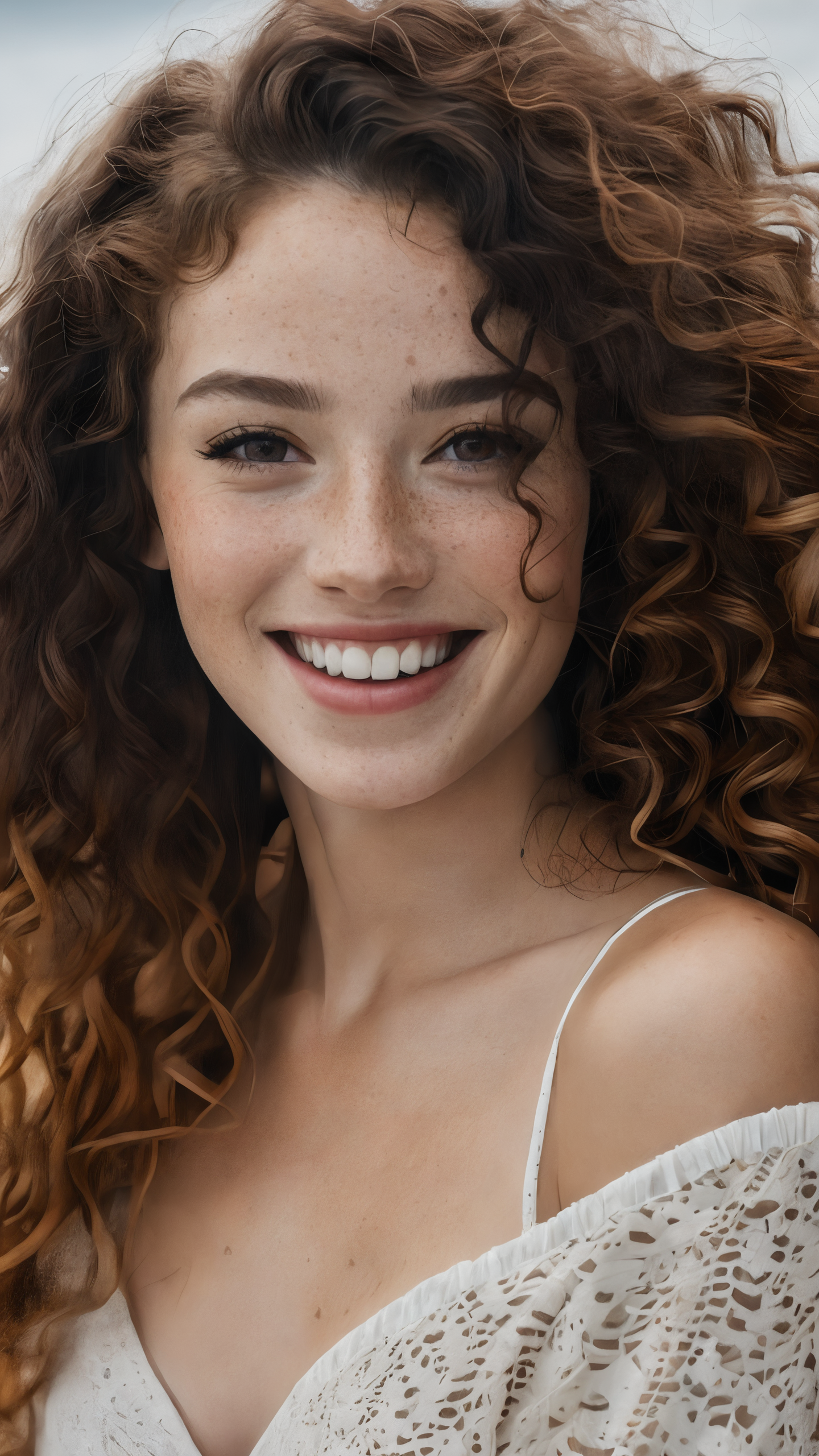beautiful lady, (freckles), big smile, ruby eyes, long curly hair, dark makeup, hyperdetailed photography, soft light, head and shoulders portrait, cover