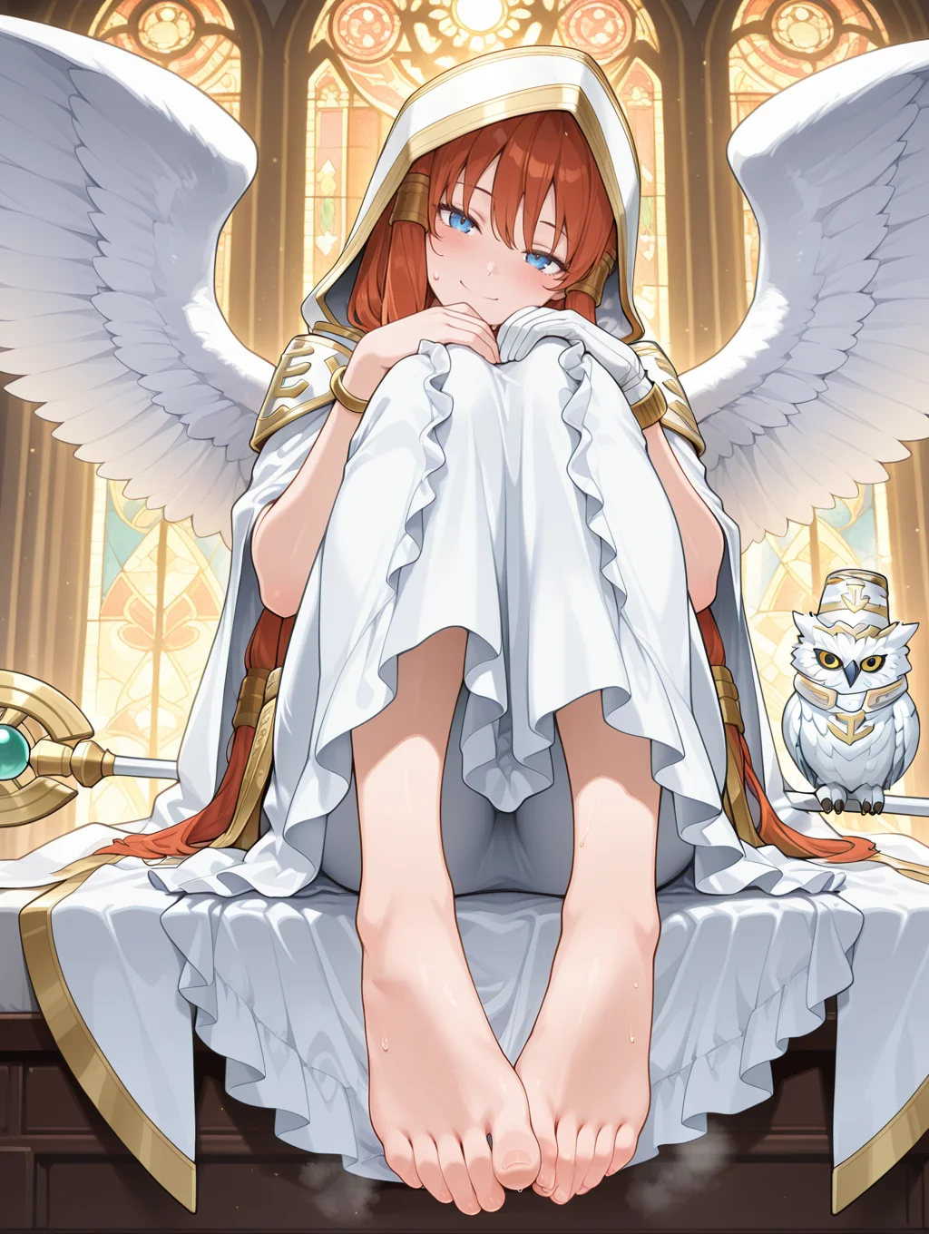 minerva - the exalted lightsworn,1girl,barefoot,solo,smile,sitting,white owl,looking at viewer,staff,gold hair tubes,angel wings,head tilt,spread wings,hands on own knee,white cape,white long dress,single white glove,hood up,white hood,gold bracelet,foot focus,sweatdrop,steaming body,stained glass, blush,
masterpiece,best quality,amazing quality,very aesthetic,absurdres,newest,<lora:Minerva, the Exalted Lightsworn illuXL v1.1:0.75>,