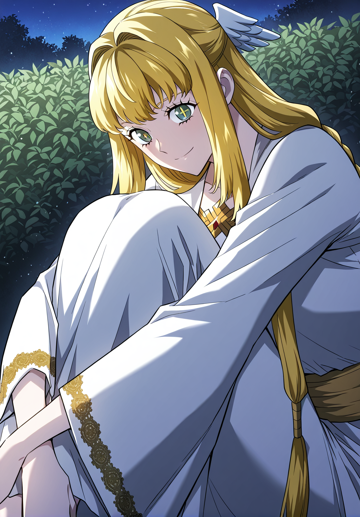 <lora:Dolores_Quovadis__Revenge_of_the_Iron-Blooded_Sword_Hound__Illustrious:1>
Dolores_Quovadis, 1 girl, solo, long hair straight hair, blonde hair, thick braid, long braid, straight fringe, wing hair ornament, green eyes, cross pupils, <lora:DetailedEyes_V3:1>, 
Dolores_Quovadis_ceremonial, white ceremonial dress, long robe, gold embroidery, golden trim, wide sleeves, high waist sash, 
score_9, score_8_up, score_7_up, very aesthetic, source_anime, detailed, high quality, beautiful, detailed eyes, masterpiece, best quality, absurdres, perfect anatomy, 1girl, solo, hugging your own legs, sitting, garden background, charming smile, night