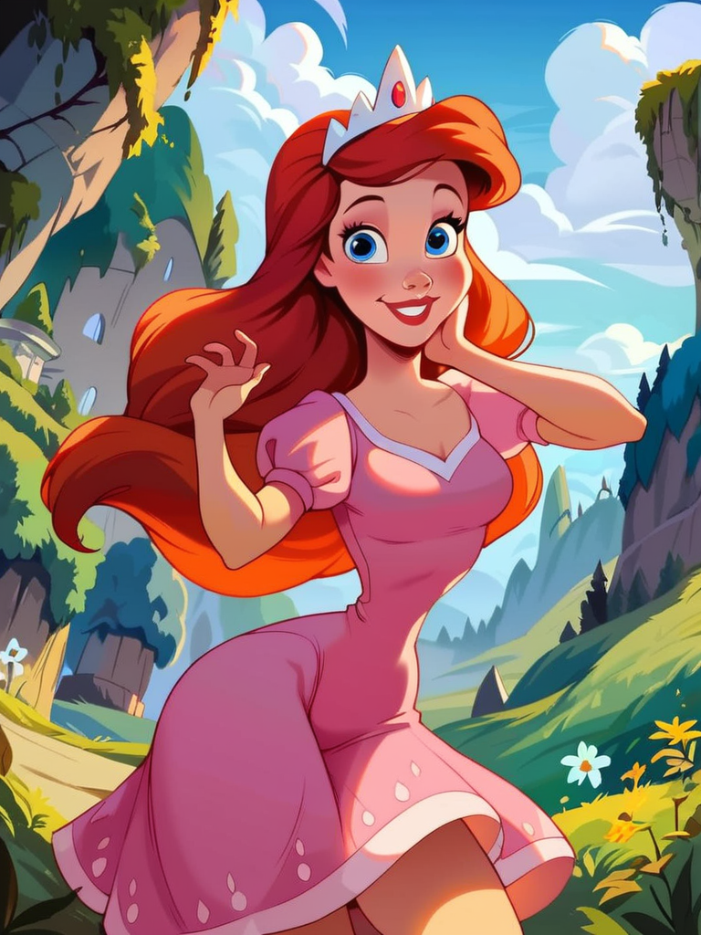 score_9, score_8_up, score_7_up, score_6_up, ArielWaifu walking in a castle, hills, vegetation, leaning forward, cute pose, medium breasts, narrow waist, wide hips, thick thighs, smile, blue eyes, pink dress, tiara, red long hair, disney style, looking at viewer, cute, detailed landscape, cowboy shot, cartoon, 4k, masterpiece, 
 <lora:ArielPonyXL_character-08:0.7>  <lora:PAINTED_ANIMATION_ART-STYLEV3:0.2>