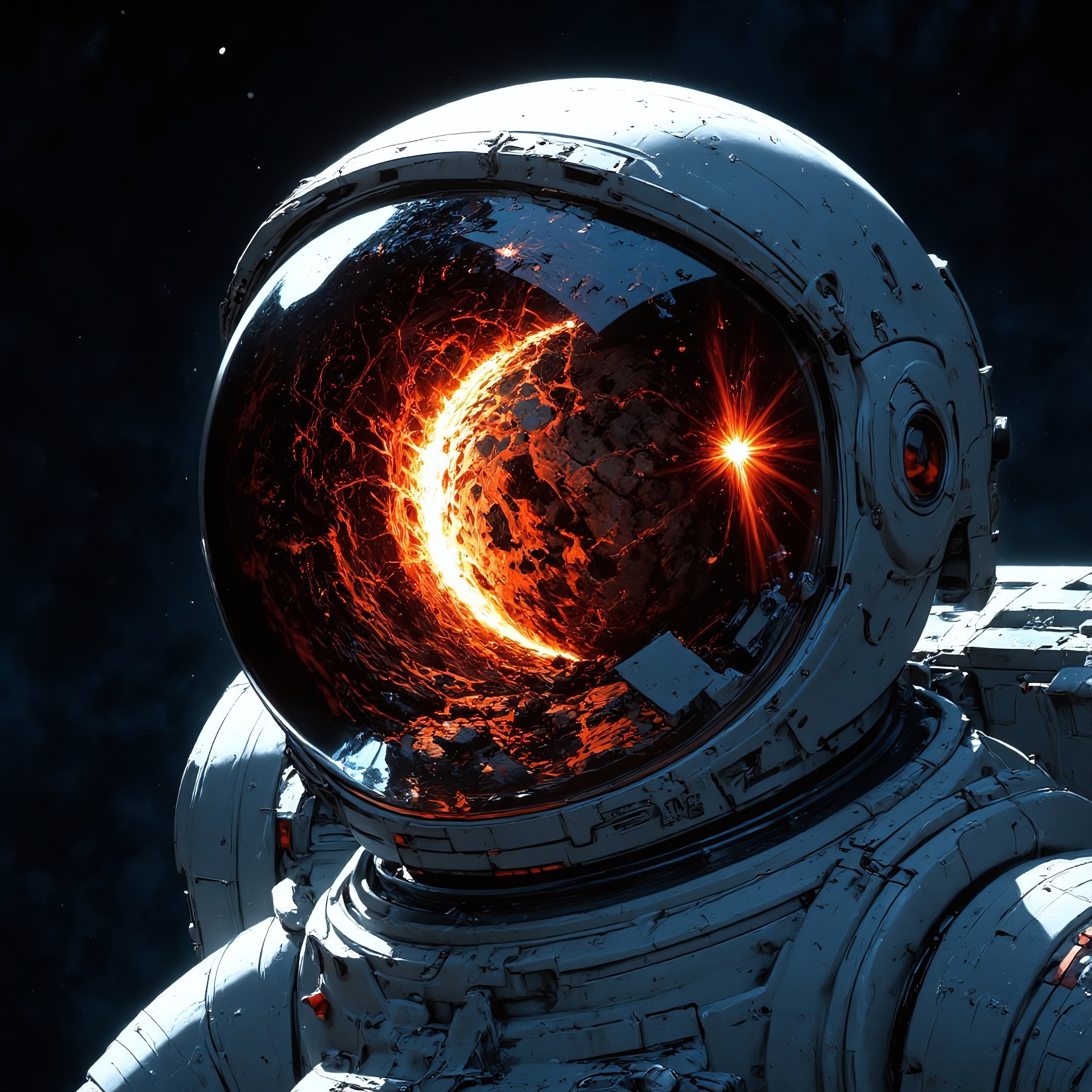 Close-up view of an astronaut's helmet visor.  Reflective visor shows Earth with a massive asteroid impact,  intense debris field, and fiery explosion.  Dramatic, realistic depiction of cosmic destruction.  Detailed representation of Earth's surface features, visible continents, and oceans reflected in the visor.  Visor's surface is smooth, clear, and reflecting light.  Astronaut's suit is a light gray,  and the overall color palette is dark blue, gray, and white. Realistic depiction of space environment with dark, deep-space backdrop.  Scientific accuracy emphasized in the depiction of the impact and its aftermath.   Visual focus is on the intensity of the cosmic event, and the astronaut's perspective.  Photorealistic, high-detail style.  Wide-angle view through the helmet visor.