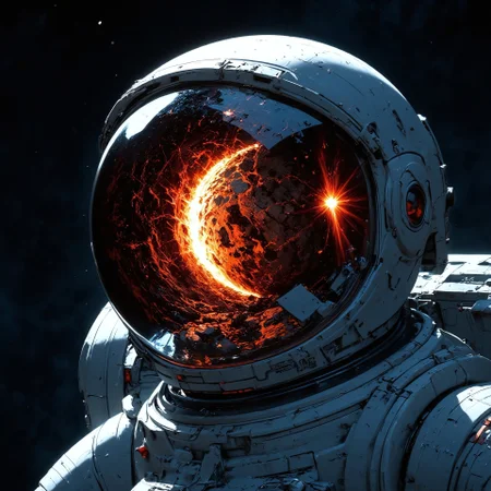 Close-up view of an astronaut's helmet visor. Reflective visor shows Earth with a massive asteroid impact, intense debris field, and fiery explosion. Dramatic, realistic depiction of cosmic destruction. Detailed representation of Earth's surface features, visible continents, and oceans reflected in the visor. Visor's surface is smooth, clear, and reflecting light. Astronaut's suit is a light gray, and the overall color palette is dark blue, gray, and white. Realistic depiction of space environment with dark, deep-space backdrop. Scientific accuracy emphasized in the depiction of the impact and its aftermath. Visual focus is on the intensity of the cosmic event, and the astronaut's perspective. Photorealistic, high-detail style. Wide-angle view through the helmet visor.