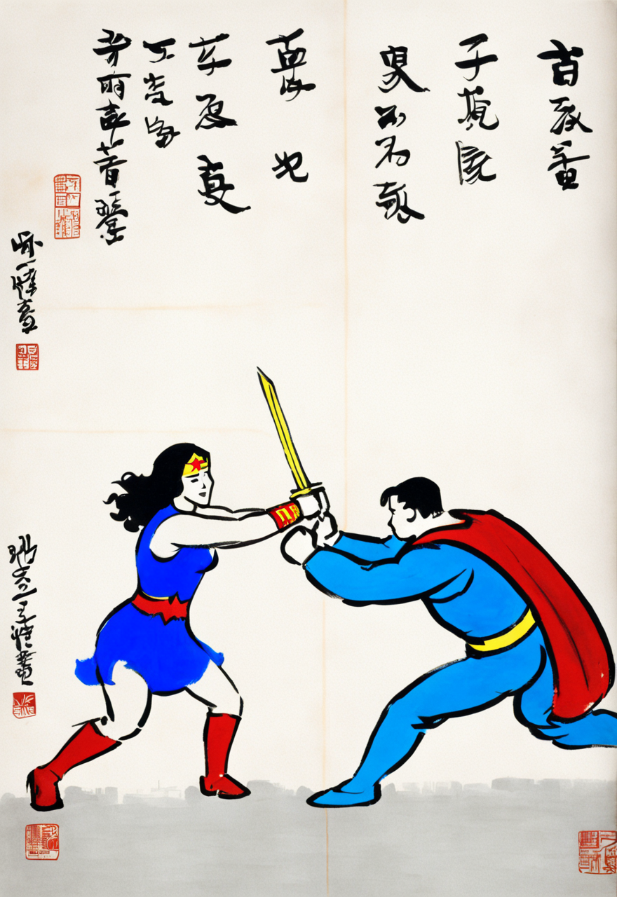 wonder woman fighting against super man, by Feng Zikai <lora:fengzikai_v1.0_XL:1>