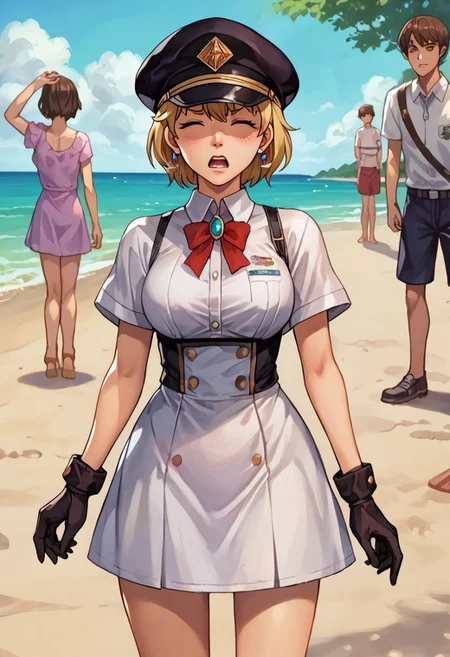 score_9, score_8_up, score_7_up, source_anime,
, (best quality) , (highly detailed) ,masterpiece ,absurdres ,detailed face ,beautiful face ,
<lora:pony_xl_Hildegard:0.8>,Hildegard,score_9,score_8_up,1girl,female,kawaii,solo,short hair,earrings blond hair
scrunchie,black cap with ball on end, dress with slit on left side up to hip,large bow on lower back,short puffed sleeves,tight around torso,shows breast shape,white collar,mail coach tie,black boots below knees,dark purple jewel on tie, outdoors,beach,soft clouds drifting,summer, vignetting,blurry background, torn clothes,facing aside,closed eyes,frown,open mouth,teeth,blush,pained look, full body,left foot out of frame,being attacked,(lower half of breasts exposed:1.1),tattered fabric particles debris disintegration effect,injury,from below,
best quality, masterpiece, very aesthetic, ,,(portrait, upper body),
OverallDetail