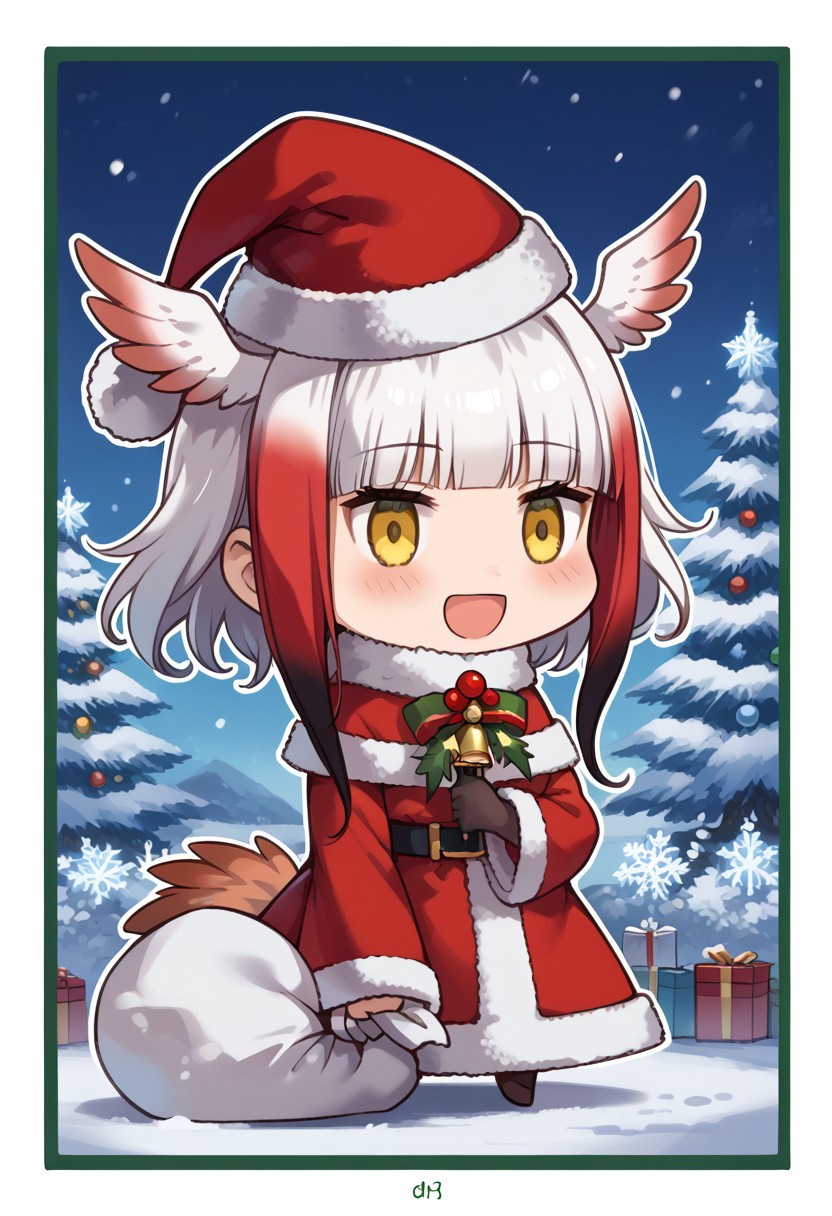 score_9, score_8_up, score_7_up, masterpiece, best quality, zzPadoru, blush, smile, open mouth, meme, holding sack, santa hat, dress, 1girl, solo, japanese crested ibis (kemono friends), head wings, multicolored hair, two-tone hair, white hair, red hair, long hair, blunt bangs, bangs, sidelocks, yellow eyes, bird tail, tail, long sleeves, wide sleeves, chibi, snow, Christmas tree, Christmas lights, Christmas border, red and green border, Christmas wreath border, presents, Christmas_card_outline