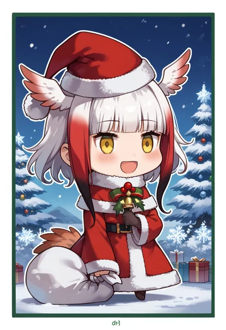 score_9, score_8_up, score_7_up, masterpiece, best quality, zzPadoru, blush, smile, open mouth, meme, holding sack, santa hat, dress, 1girl, solo, japanese crested ibis (kemono friends), head wings, multicolored hair, two-tone hair, white hair, red hair, long hair, blunt bangs, bangs, sidelocks, yellow eyes, bird tail, tail, long sleeves, wide sleeves, chibi, snow, Christmas tree, Christmas lights, Christmas border, red and green border, Christmas wreath border, presents, Christmas_card_outline