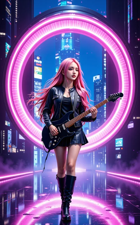 A stunning 20-year-old girl with long,flowing pink hair,dressed in a sleek black leather jacket,a pleated black skirt,and knee-high black boots. She confidently walks across a neon-lit cyberpunk stage while skillfully playing an electric guitar. The stage floor beneath her shimmers with a crystal-like effect,reflecting the vibrant hues of the futuristic lighting. Behind her stands a massive,futuristic doorway,enveloped in a glowing purple energy ring,pulsating with a soft,otherworldly light. The cyberpunk city skyline looms in the background,filled with towering holographic billboards and dazzling neon lights. The atmosphere is electrifying,with digital particles floating in the air,creating a dynamic,high-tech concert scene.,<lora:yuukananri-base-02-flux:0.8>,yuukananri,she has a slender physique and a petite build,<lora:aidmaMJ6.1_v0.5_3:0.5>,aidmaMJ6.1,