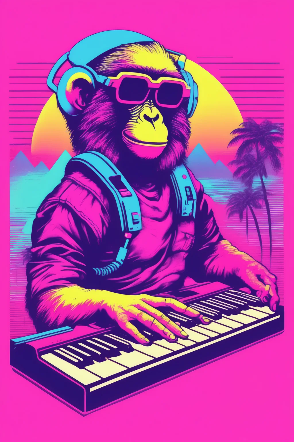 <lora:Synthwave T-shirt:1>Synthwave T-shirt - Logo synthwave retro style of a solo keyboard monkey artist playing '80s and '90s synthwave type music on synth or rhodes