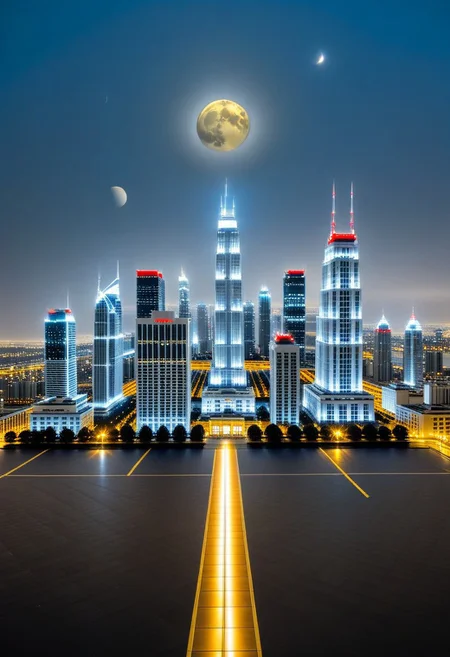 a group of golden square-shaped ornaments on black ground surrounded by gray lines, and gray ornaments with rectangular lines; light bluish gray-light skyscrapers sometimes with a light greenish tint with frequent square windows, above two skyscrapers a red diode warning aircraft; with a dark gray sky and a light gray sky illuminated by a bright white-blue moon,