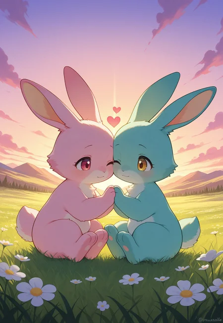 masterpiece, best quality, amazing quality, vibrant colors, soft focus, A heartwarming scene of affection between two fluffy rabbits sitting together under a soft sunset light in a grassy meadow, one blue rabbit lovingly nuzzles the other pink rabbit, who leans in with a peaceful expression, their eyes meet with warmth, showing mutual care and tenderness, the soft colors of the sunset and the lush green grass create a serene atmosphere, while delicate flowers bloom around them, enhancing the sense of peaceful connection, in love, hearts, hugging each other