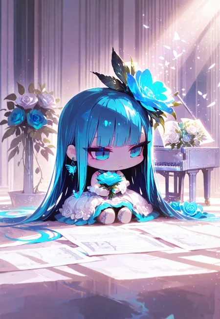 safe_pos, masterpiece, best quality, hyper-realistic, ultra-HD, intricate textures, luminous lighting, cinematic ambiance, shimmering gradients, ethereal glow, deep contrast, soft volumetric fog, subtle particles, radiant reflections, rich color tones, seductive atmosphere, captivating sensuality,
BREAK
plump glossy lips, flushed cheeks, alluring expression,
BREAK
raytracing, volumetric lighting, ambient occlusion, shimmering particles in the air, intricate cinematic background,intimate and seductive, crafted to captivate and seduce. realistic, Cinematic Lighting,Shadow,backlit, backlighting
BREAK
(sexy, slutty, hot, aroused)
blue hair, blue eyes, glowing blue eyes, very long hair, hair_ornament, delicate dress, closed_mouth, jewelry, bare_shoulders, very_long_hair, sitting, full_body, blue_hair, delicate flower, earrings, delicate frills, detached_sleeves, indoors, blunt_bangs, hair_flower, white_dress, blue_eyes, book, sleeveless_dress, rose, leaf, frilled_dress, white_flower, plant, instrument, butterfly, blue_flower, bouquet, long_dress, delicate wedding_dress, white_rose, holding_bouquet, piano, hands_on_lap, sheet_music, grand_piano, looking_at_viewer, bloom,light rays, full body, (chibi:1.8), (cute:1.8), (kawai:1.8)