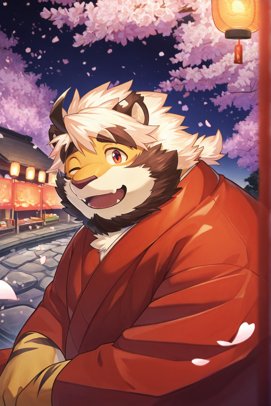 safe_pos, furry male, male focus, solo, thick eyebrows, furry, tiger, cute, portrait, upper body, close up, white fur, glistening eyes, sitting, anthro, kemono, torii, traditional kimono, night, cherry blossom, open space, smile, polite, new year vibe, lanterns, one eye closed, long sleeve kimono, holding red envelope, looking at viewer, pond of water, flower petals in air, traditional new year celebration, night market, lantern, stone street, fire work display in the background, outdoor, live action, warm lighting, soft light reflection, lively, exciting, shading BREAK very aesthetic, masterpiece, very impressive background, best quality, high quality, absurd res, high detail, smooth drawing,  <lora:Character_Trad_Mon-Mon_ILXL:1>