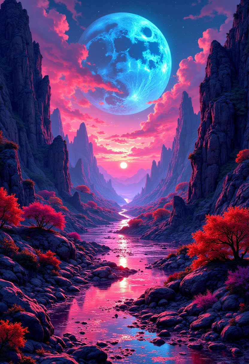 best quality, masterpiece, masterpiece, neon splash art of an alien landscape, vibrant surreal colours, mythp0rt