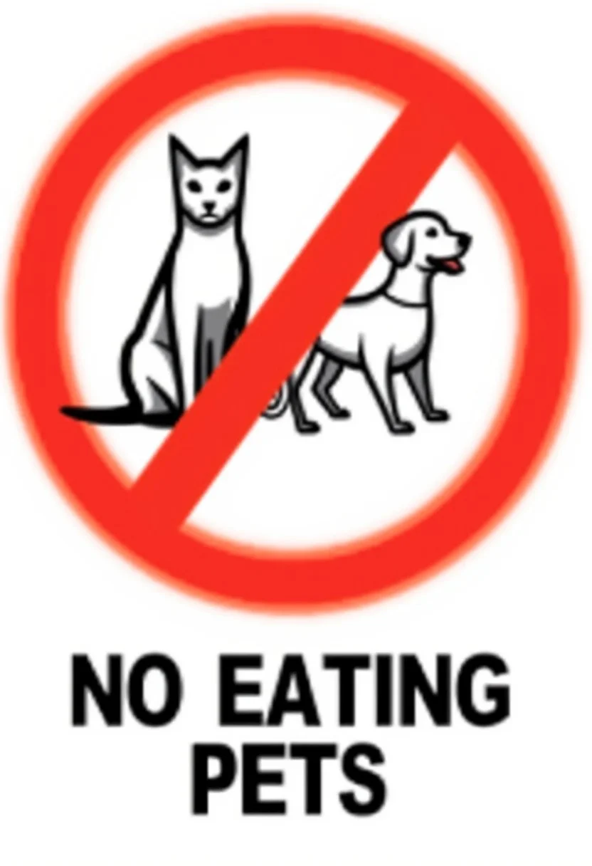 This is a digital graphic image featuring a vector symbol of a cat and a dog. Overlaying the photo is a bold, red circle with a slash in the middle, symbolizing prohibition or warning. The text below reads "NO EATING PETS"