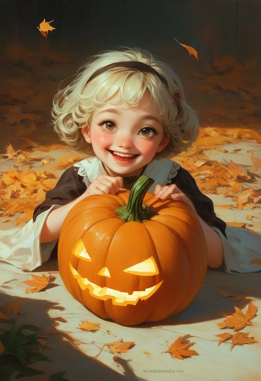 score_9, score_8_up, anime-style, highly detailed, fantasy, traditional media, (painted:1.3), 4k, Expressiveh,
A highly stylized digitally drawn hyper-realistic midshot of a A heartwarming and nostalgic scene of a child dressed as a ghost for Halloween. The child lifts the white sheet above their head with small hands, revealing their joyful, laughing face underneath. In the other hand, they hold a pumpkin-shaped candy basket, half-filled with treats. The setting evokes a sense of warm memories and melancholy, with a soft autumn evening glow, golden leaves scattered on the ground, and a quiet suburban street lined with warmly lit houses. The atmosphere is serene and reflective, with subtle details like a fading sunset, the cool blue of twilight creeping in, and gentle light streaming from windows. The style is painterly and rich in detail, emphasizing warmth and emotion, blending realism with a touch of romanticism, as if capturing a cherished memory in soft, timeless strokes.