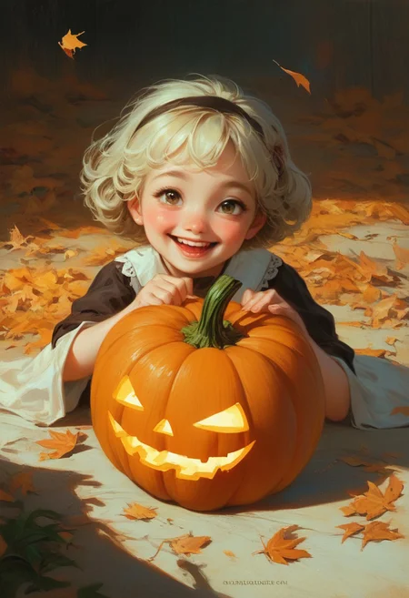 score_9, score_8_up, anime-style, highly detailed, fantasy, traditional media, (painted:1.3), 4k, Expressiveh,
A highly stylized digitally drawn hyper-realistic midshot of a A heartwarming and nostalgic scene of a child dressed as a ghost for Halloween. The child lifts the white sheet above their head with small hands, revealing their joyful, laughing face underneath. In the other hand, they hold a pumpkin-shaped candy basket, half-filled with treats. The setting evokes a sense of warm memories and melancholy, with a soft autumn evening glow, golden leaves scattered on the ground, and a quiet suburban street lined with warmly lit houses. The atmosphere is serene and reflective, with subtle details like a fading sunset, the cool blue of twilight creeping in, and gentle light streaming from windows. The style is painterly and rich in detail, emphasizing warmth and emotion, blending realism with a touch of romanticism, as if capturing a cherished memory in soft, timeless strokes.