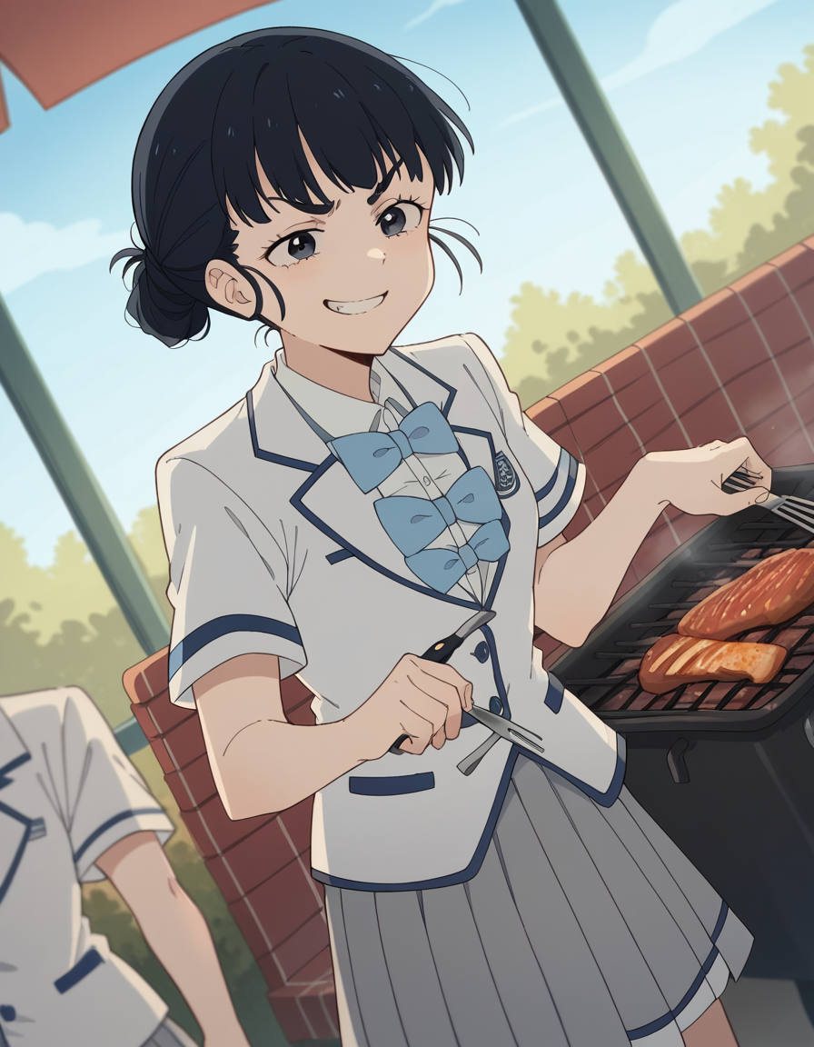 score_9, score_8_up, score_7_up, source_anime, <lora:tiara-basori-s1-ponyxl-lora-nochekaiser:1>, tiara basori, bangs, black hair, hair bun, black eyes, single hair bun,, skirt, shirt, bow, school uniform, white shirt, short sleeves, grey skirt, pleated skirt, bowtie, blue bowtie, blue bow, blazer,, backyard, barbecue, grilling, laughter, summer evening, smile, , smug, solo,, cowboy shot, dutch angle